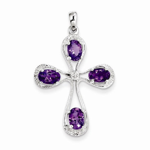 Sterling Silver Rhodium Amethyst & Diamond Cross pendant, Fine Pendants for Necklace
