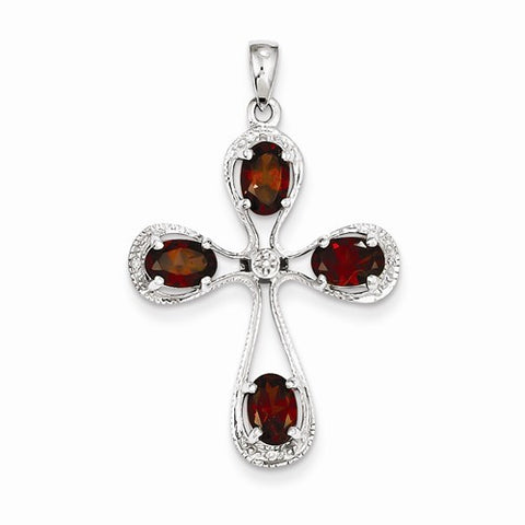 Sterling Silver Rhodium Garnet & Diamond Cross pendant, Pretty Pendants for Necklace