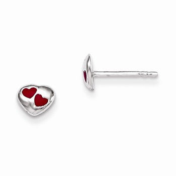 Sterling Silver RH Plated Childs Red Enameled Heart Post Earrings