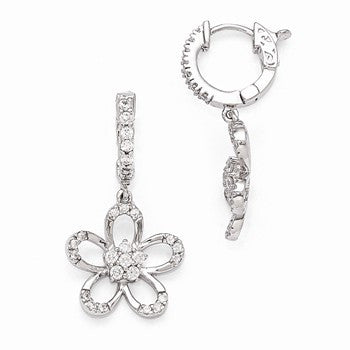 Sterling Silver Rhodium Plated CZ Hinged Hoop Dangle Flower Earrings