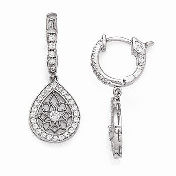 Sterling Silver Rhodium Plated CZ Hinged Hoop Dangle Teardrop Snowflake Ear, Jewelry Earrings