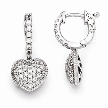 Sterling Silver Rhodium Plated CZ Hinged Hoop Dangle Heart Earrings