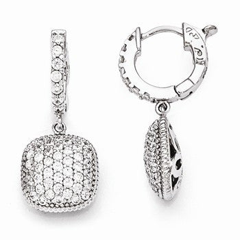 Sterling Silver Rhodium Plated CZ Hinged Hoop Dangle Square Earrings