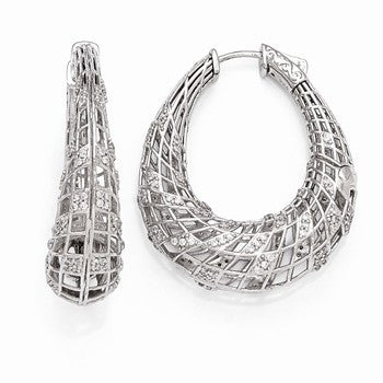 Sterling Silver Rhodium Plated CZ Oval Hinged Hoop Earrings