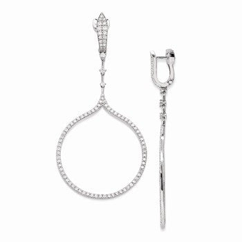 Sterling Silver Rhodium Plated CZ Large Hinged Hoop Dangle Earrings