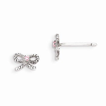 Sterling Silver Pink CZ Bow Kids Post Earrings