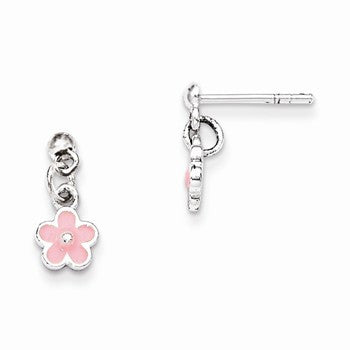Sterling Silver Pink Enamel Kids Flower Dangle Earrings