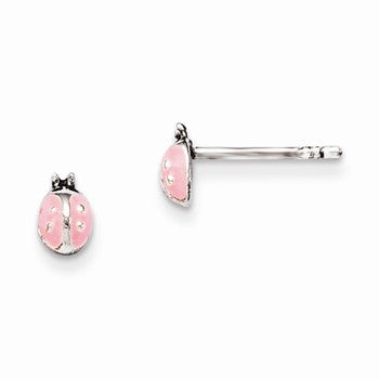 Sterling Silver Pink Enamel Kids Ladybug Post Earrings