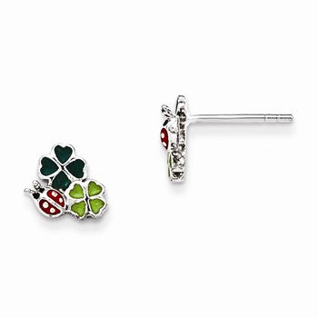 Sterling Silver Enamel Ladybug & Clovers Kids Post Earrings