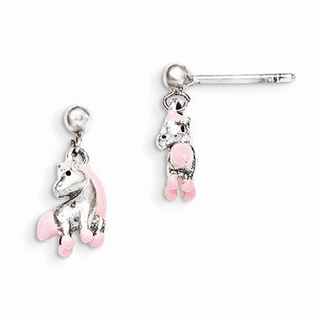 Sterling Silver Pink Enamel Kids Horse Dangle Post Earrings