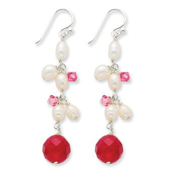 Sterling Silver Pink Cultured Pearl/Crystal/Strawberry Quartz Earrings