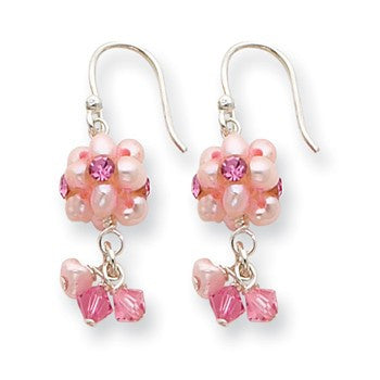 Sterling Silver Pink Cultured Pearl/Pink Crystal/Pink CZ Dangle Earrings