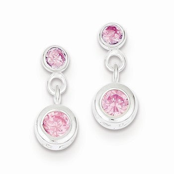Sterling Silver Pink CZ Dangle Post Earrings