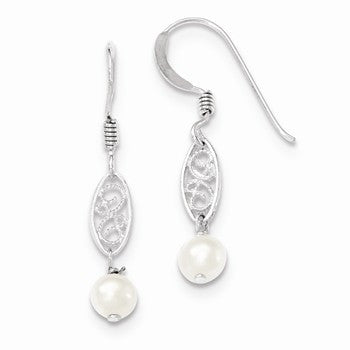 Sterling Silver White Cultured Pearl Filigree Dangle Earrings