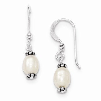 Sterling Silver White Cultured Pearl Antiqued Bead Dangle Earrings
