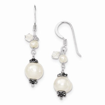 Sterling Silver White Cultured Pearl Crystal Antiqued Dangle Earrings
