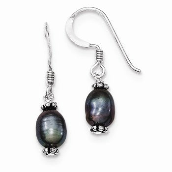 Sterling Silver Black Cultured Pearl Dangle Earrings