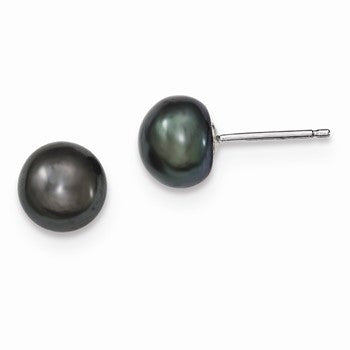 Sterling Silver Black Cultured Pearl button Earrings
