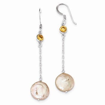Sterling Silver Champagne CZ/Peach Freshwater CulturedCoin Pearl Earrings