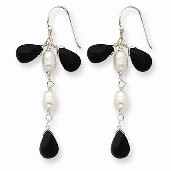 Sterling Silver Black Crystal/Freshwater Cultured White Pearl Earrings