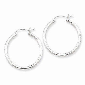 Sterling Silver Rhodium-plated 2.00mm Diamond-cut Hoop Earrings