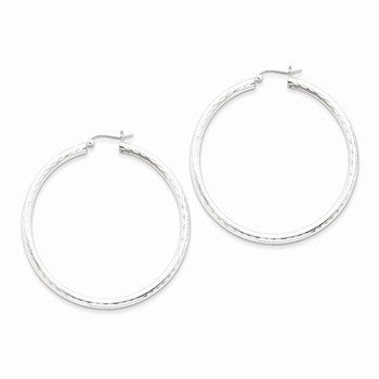 Sterling Silver Rhodium-plated 3.00mm Diamond-cut Hoop Earrings