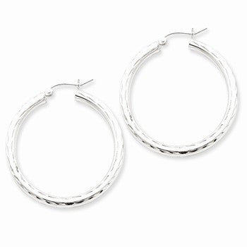 Sterling Silver Rhodium-plated 3.00mm Diamond-cut Hoop Earrings