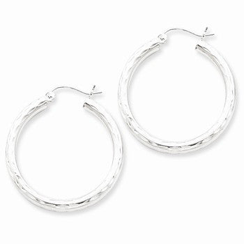 Sterling Silve 3x30 mm Diamond-cut Hoop Earrings