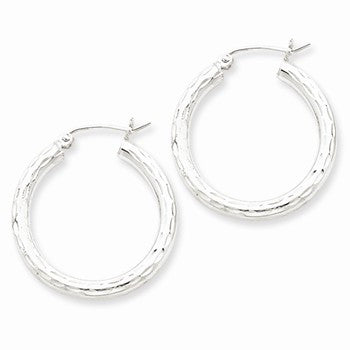 Sterling Silver Rhodium-plated 3.00mm Diamond-cut Hoop Earrings