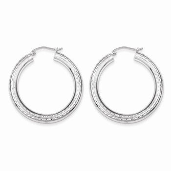 Sterling Silver Rhodium-plated 4.00mm Diamond-cut Hoop Earrings