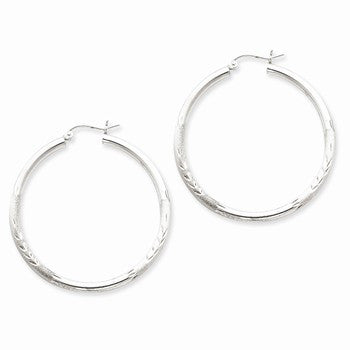 Sterling Silver Rhodium-plated 2.50mm Satin Diamond-cut Hoop Earrings