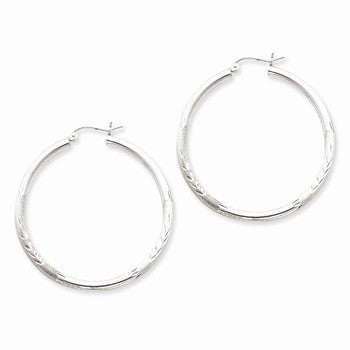 Sterling Silver Rhodium-plated 2.50mm Satin Diamond-cut Hoop Earrings