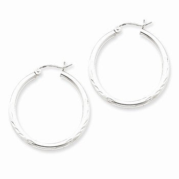 Sterling Silver Rhodium-plated 2.50mm Satin Diamond-cut Hoop Earrings
