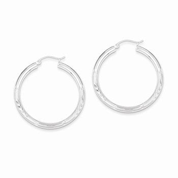 Sterling Silver Rhodium-plated 3.00mm Satin Diamond-cut Hoop Earrings