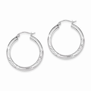 Sterling Silver Rhodium-plated 3.00mm Satin Diamond-cut Hoop Earrings
