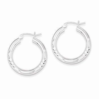 Sterling Silver Rhodium-plated 3.00mm Satin Diamond-cut Hoop Earrings