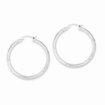 Sterling Silver Rhodium-plated 3.00mm Satin Diamond-cut Hoop Earrings