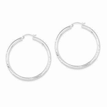 Sterling Silver Rhodium-plated 3.00mm Satin Diamond-cut Hoop Earrings