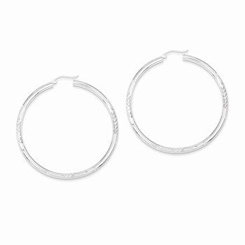 Sterling Silver Rhodium-plated 3.00mm Satin Diamond-cut Hoop Earrings