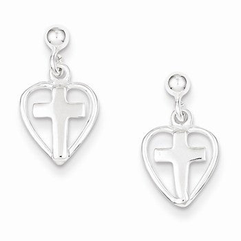 Sterling Silver Cross in Heart Earrings