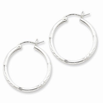 Sterling Silver Rhodium-plated 2mm Satin Diamond-cut Hoop Earrings