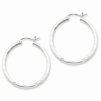 Sterling Silver Rhodium-plated 2mm Satin Diamond-cut Hoop Earrings