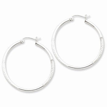 Sterling Silver Rhodium-plated 2mm Satin Diamond-cut Hoop Earrings