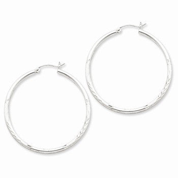 Sterling Silver Rhodium-plated 2mm Satin Diamond-cut Hoop Earrings