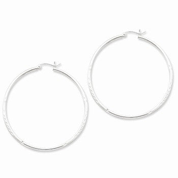 Sterling Silver Rhodium-plated 2mm Satin Diamond-cut Hoop Earrings