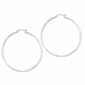 Sterling Silver Rhodium-plated 2mm Satin Diamond-cut Hoop Earrings