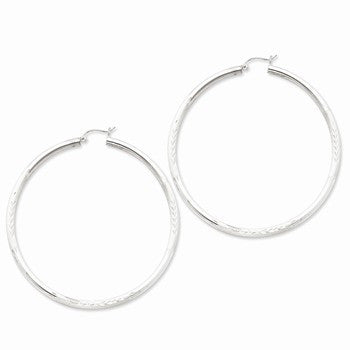 Sterling Silver Rhodium-plated 3mm Satin Diamond-cut Hoop Earrings
