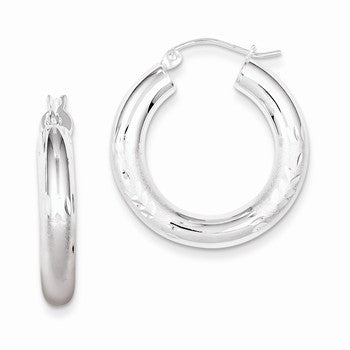 Sterling Silver Rhodium-plated 4mm Satin Diamond-cut Hoop Earrings
