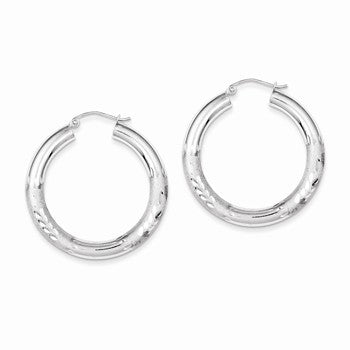 Sterling Silver Rhodium-plated 4mm Satin Diamond-cut Hoop Earrings