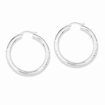 Sterling Silver Rhodium-plated 4mm Satin Diamond-cut Hoop Earrings